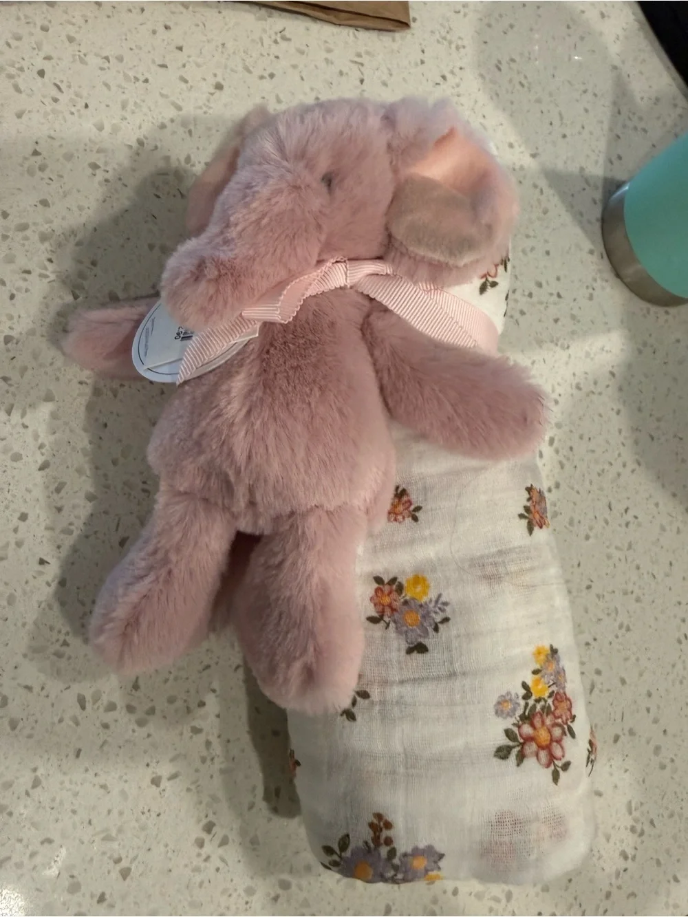 Mud Pie Pink Plush Bunny Swaddle & Rattle Set